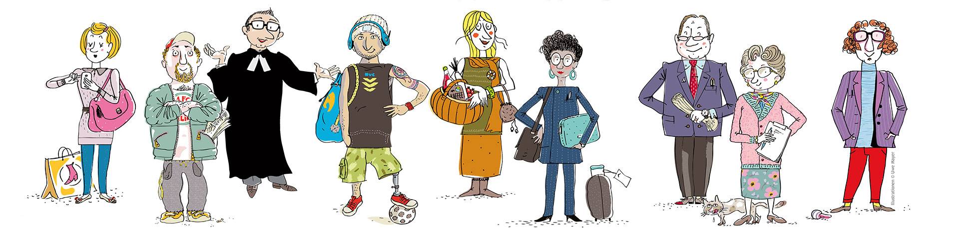 Gezeichnetes Gruppenbild mit vielen verschieden Kirchenältesten